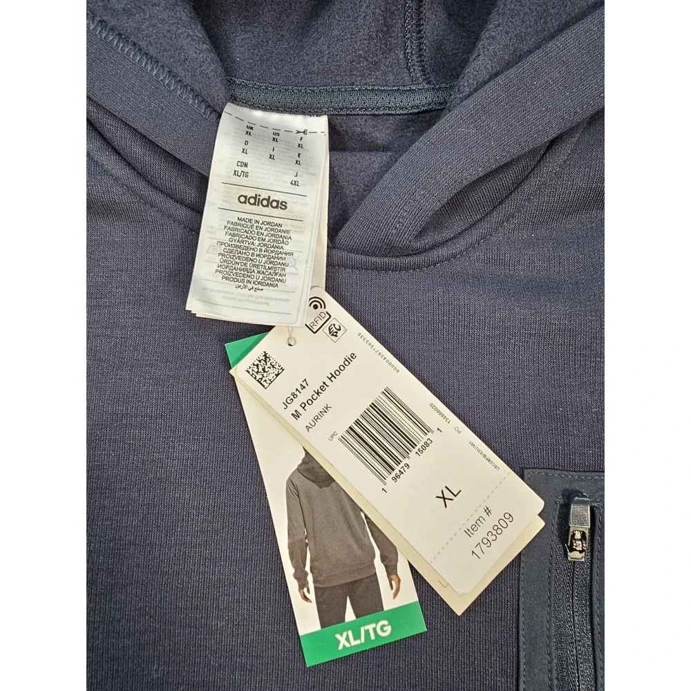 Adidas Mens M Pocket Hoodie Aurink Navy Blue Pullover Sweatshirt XL JG8147‎